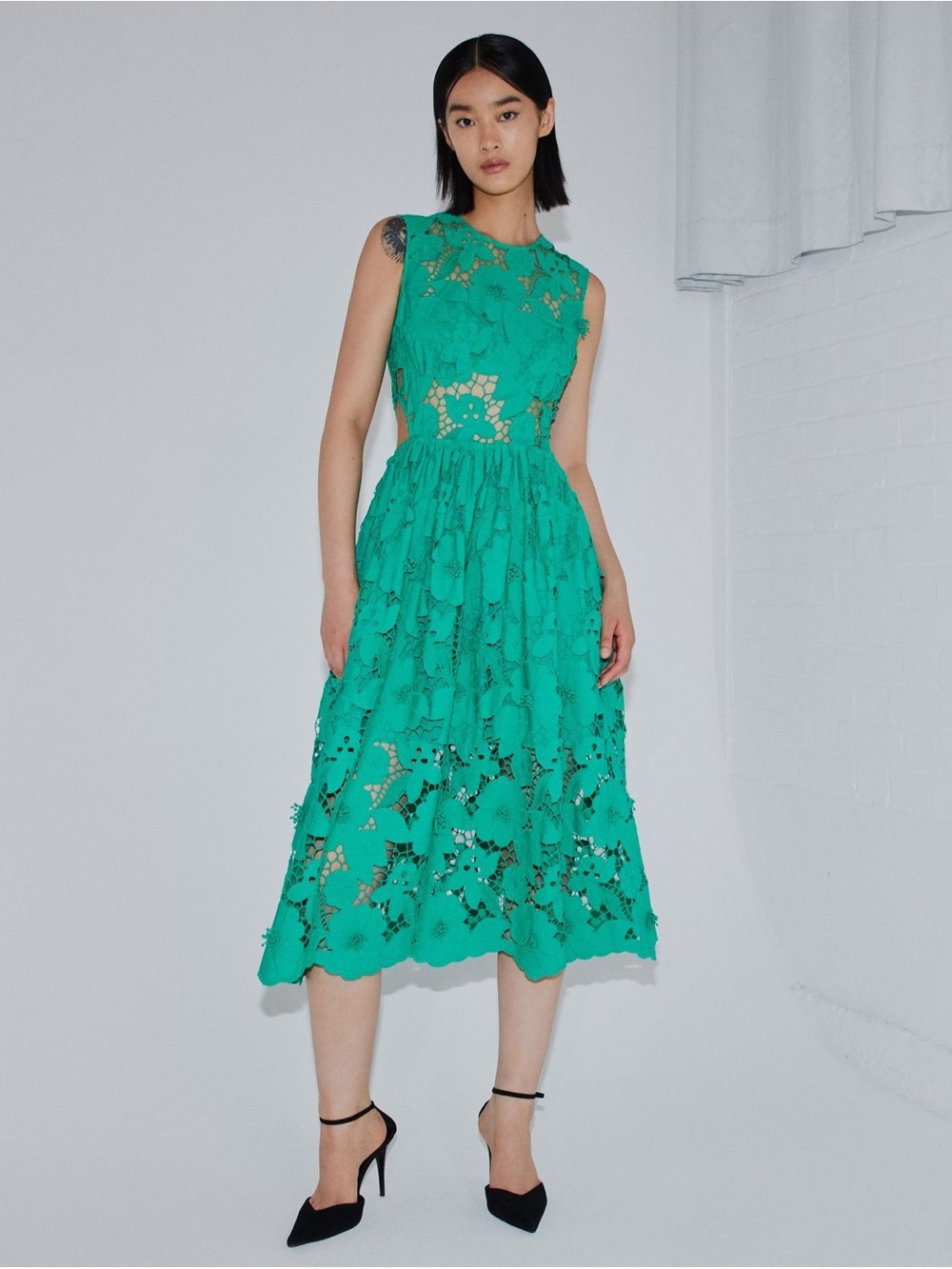 Self-Portrait Emerald Green Floral Lace Midi Dress NWT